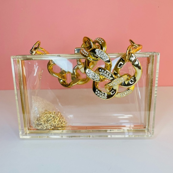 Crystal Chunky Chain Gold/Clear Box Clutch Handbag - Picture 7 of 7